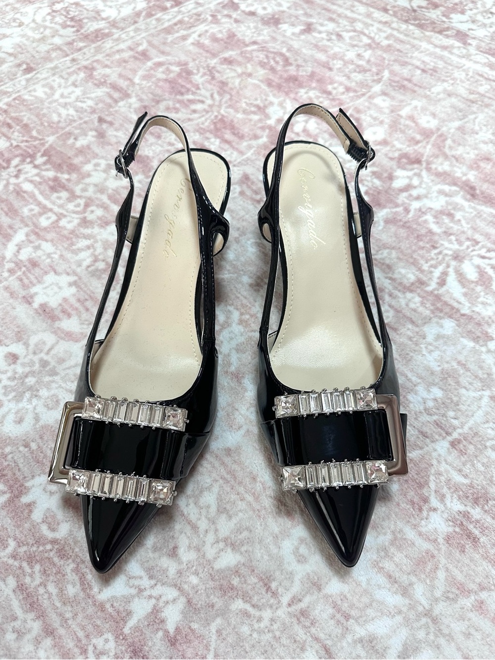 NEW 🖤 Crystal Buckle Patent Leather Slingback Pointed Heels - Picture 2 of 9